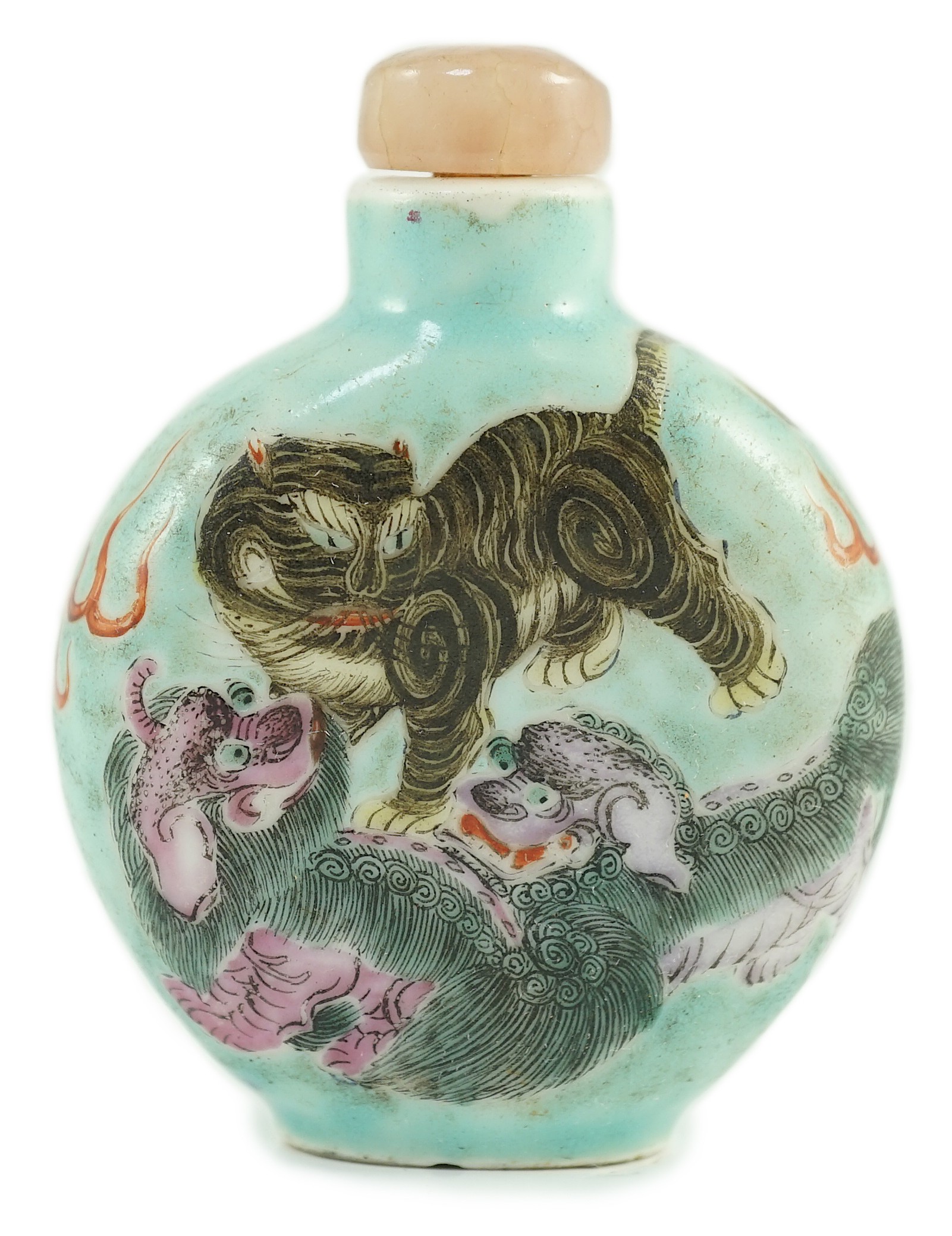 A Chinese enamelled porcelain ‘mythical beasts’ snuff bottle, 1850-1900, 5.6cm, splinter chips to foot